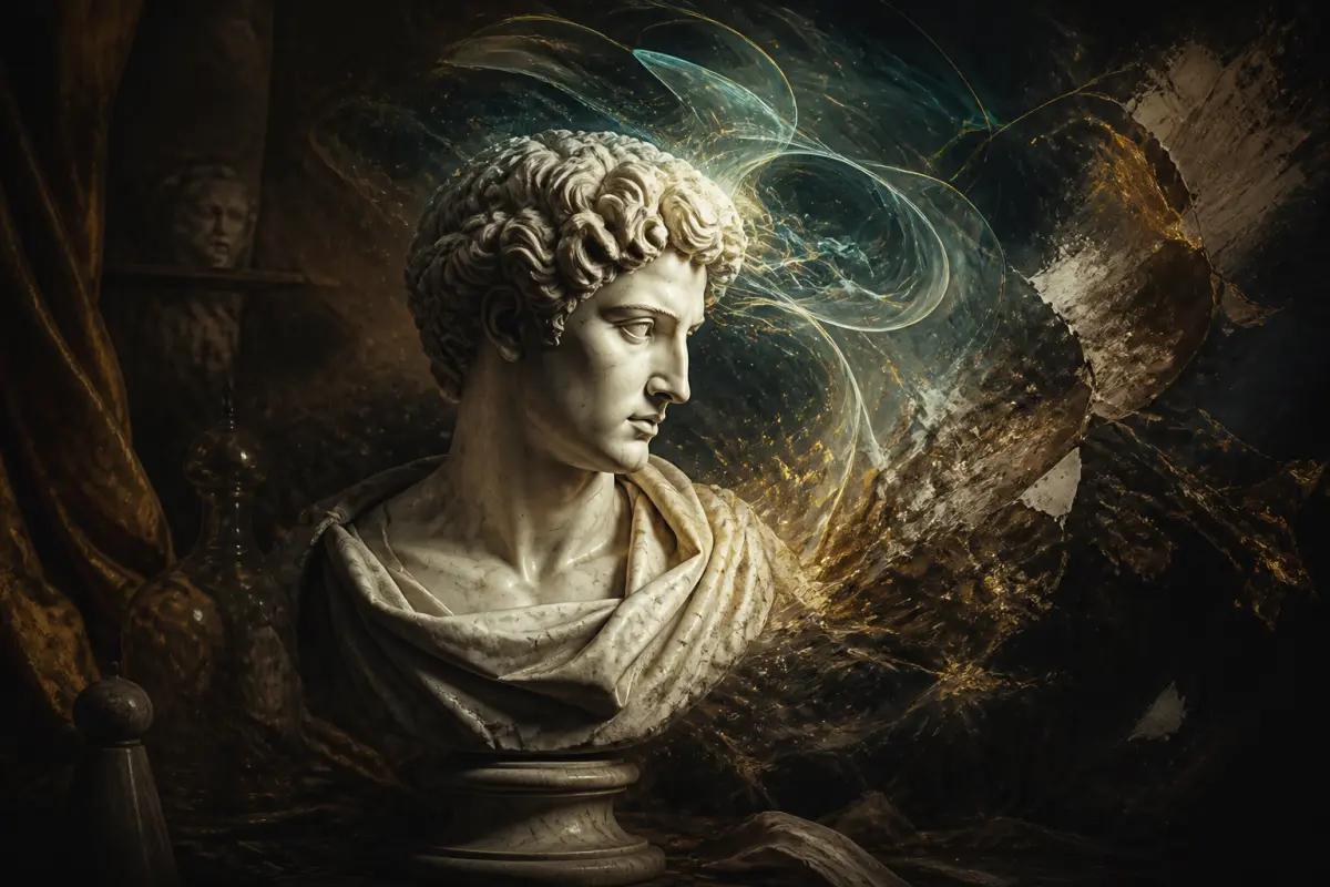 A marble bust surrounded by luminous creative forms in a Renaissance workshop