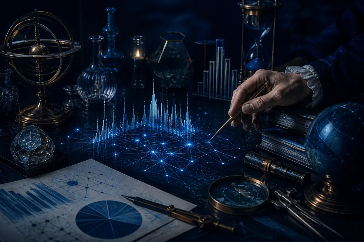 A dark study of charts, globes and drawing instruments under lamplight