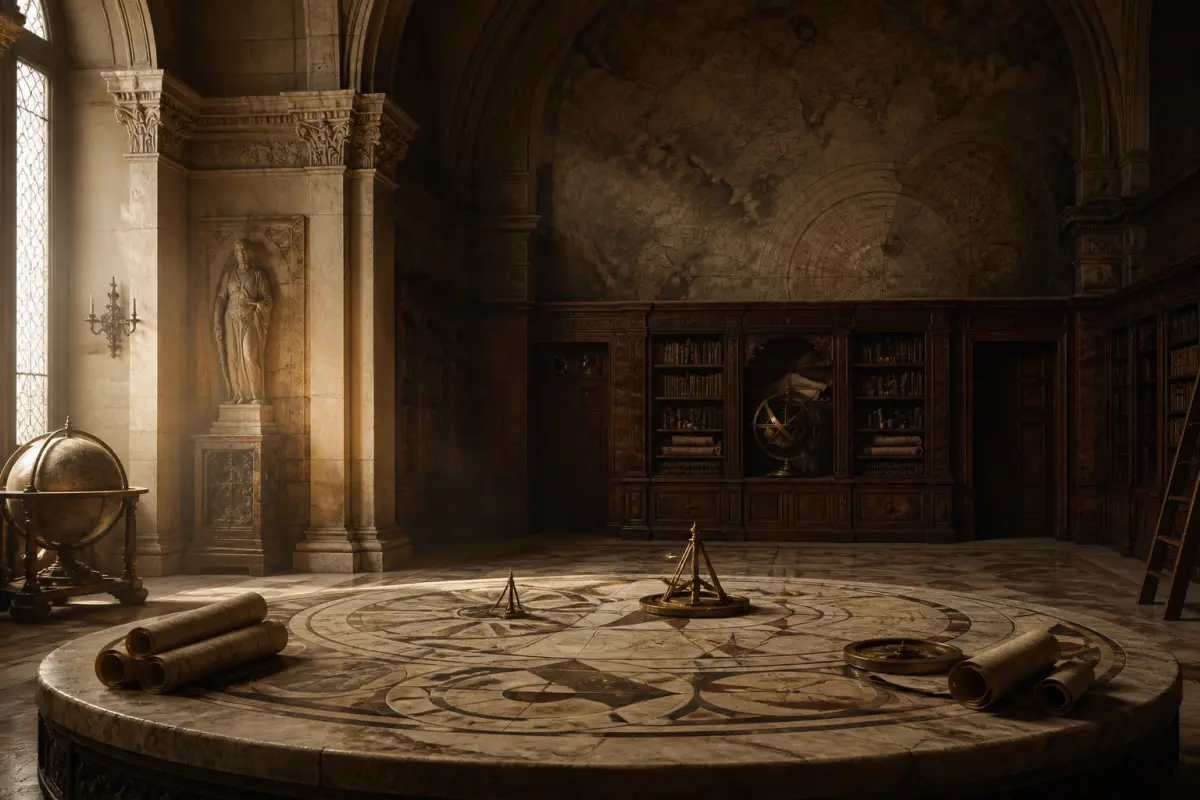A Renaissance library with rolled charts and a compass laid across a working table
