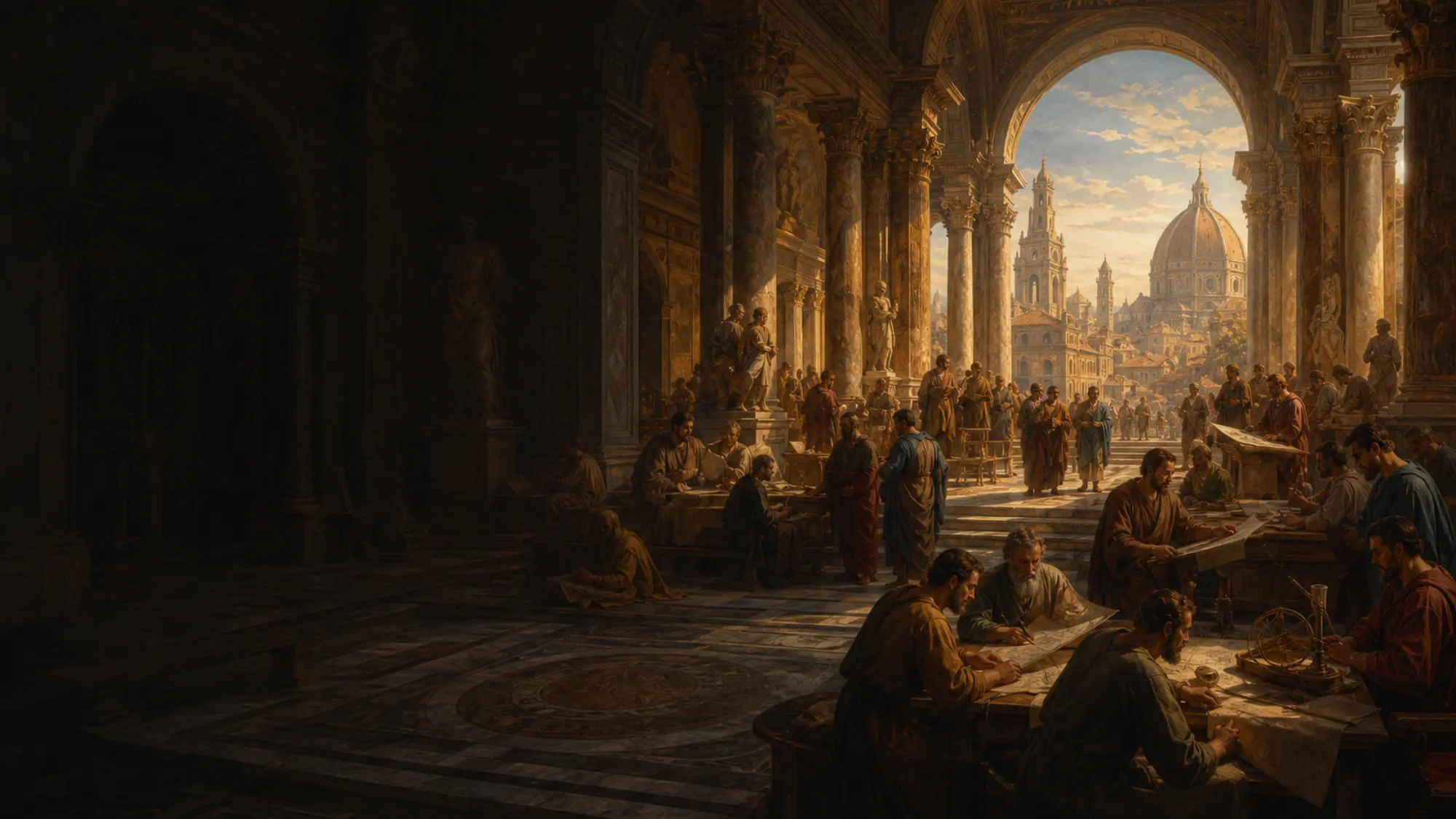 A Renaissance academy forum opening toward a sunlit city