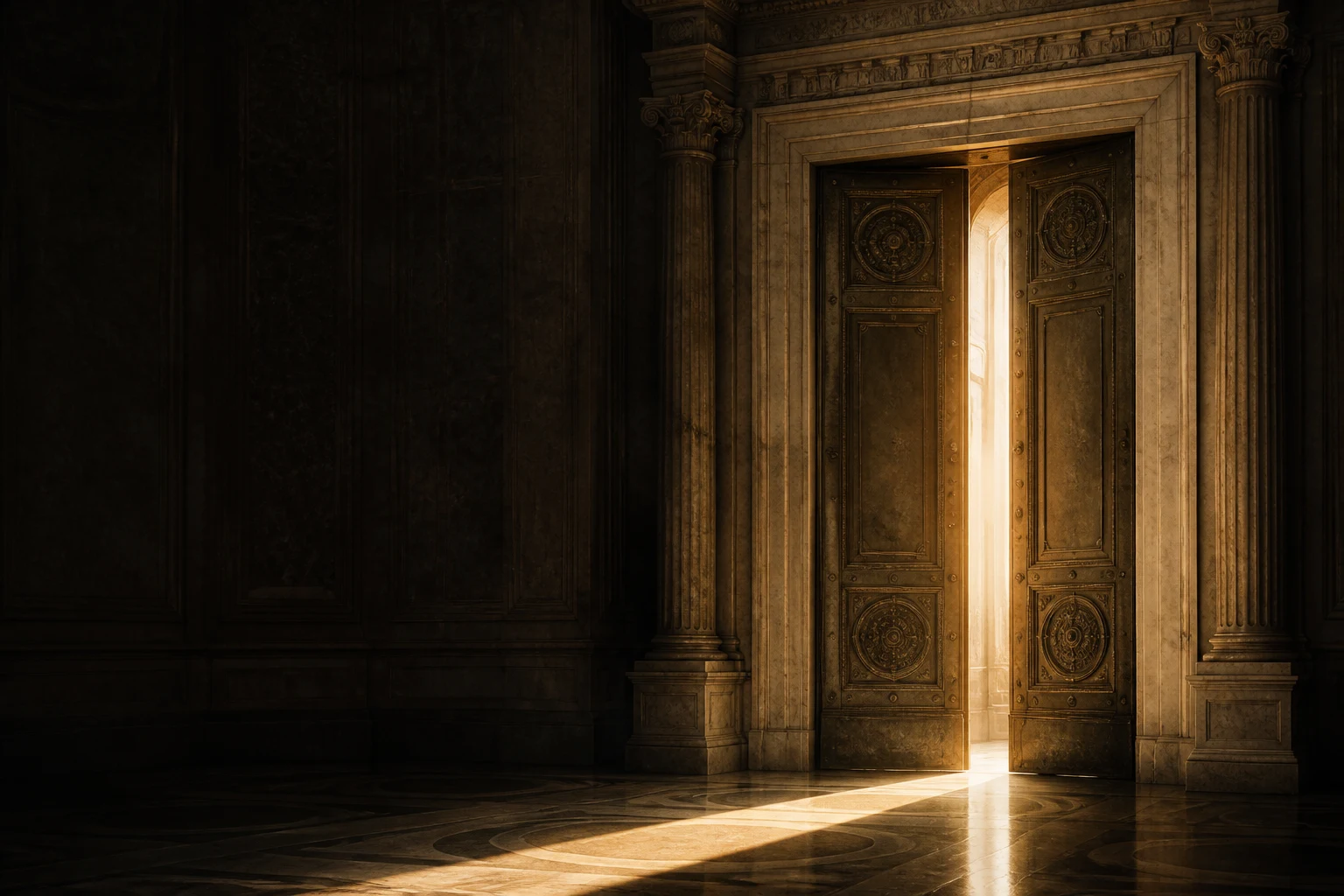 A tall golden doorway opening onto light